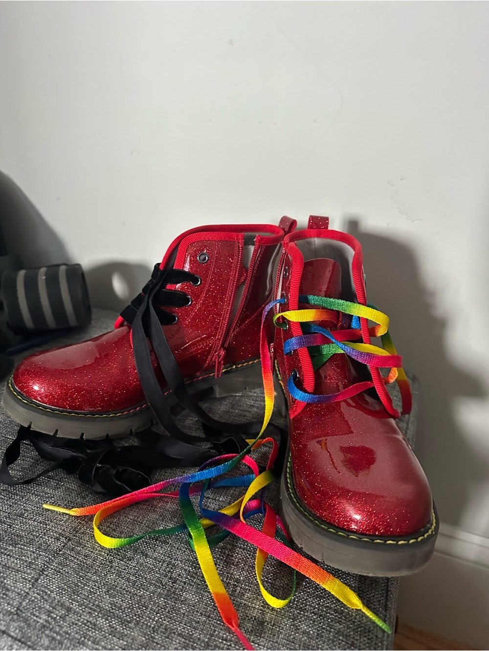 Kids Red Glitter Lace-Up Boots with Black or Rainbow Laces